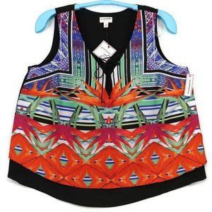 Bisou Bisou Tank Top Blouse Shirt Floral Tropical Orange Black Green Blue 1X‎